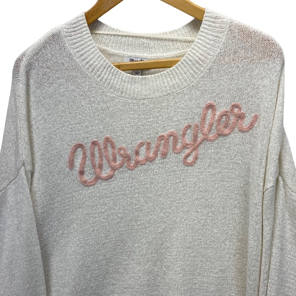 Wrangler Retro‎ Sweater Womens L Cream Pink Script Logo Oversized Dolman Knit